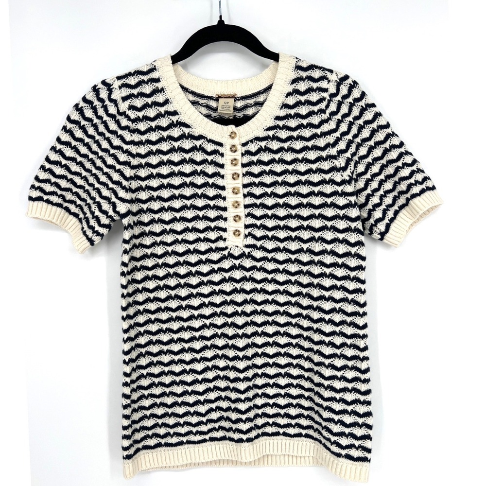 Magaschoni Cotton Pointelle Knit Henley Top Navy Cream Chevron Quiet Luxury NWT